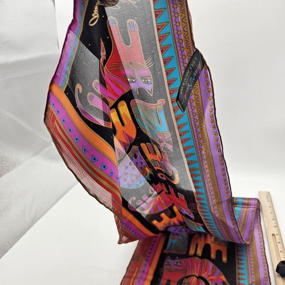Laurel Burch Scarf Womens One Size Black Multicolor Silk Cats Oblong Whimsical - Picture 6 of 7